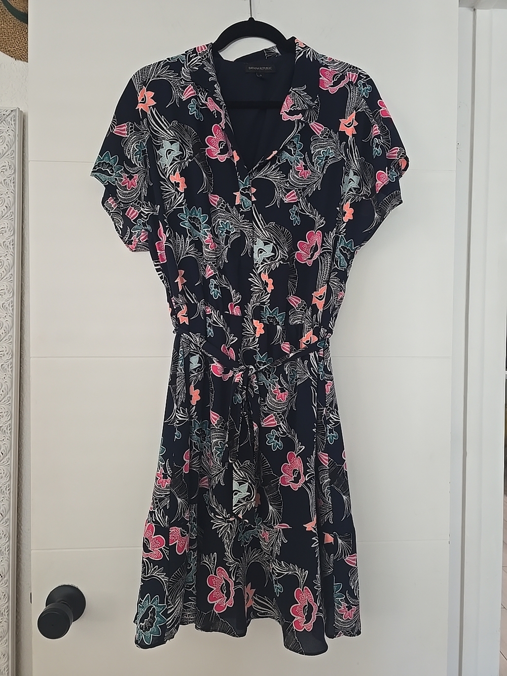 Banana Republic Navy Blue Floral Kimono Print Short Sleeve Dress Size 8 Lined